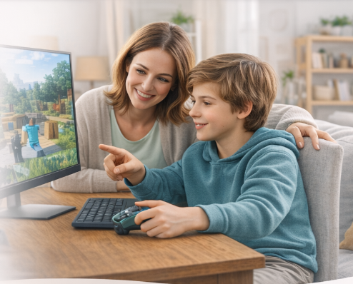 Parent and child looking at a video game together